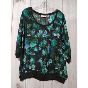 Bobbie Brooks Shirt Ladies 1x Blue Floral‎ Semi Sheer
